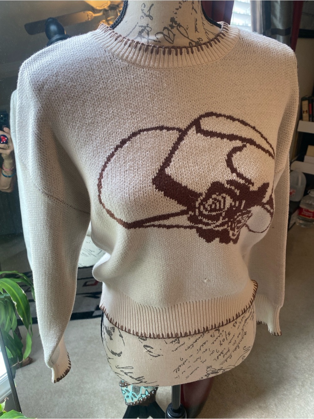 Women's Cream and Dusty Pink Crewneck Sweater with Floral Motif